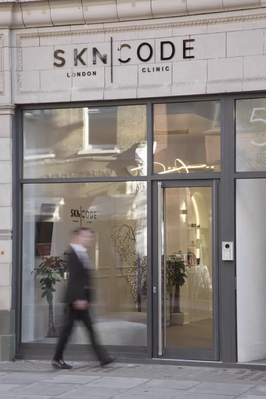 The entrance of SKNCode London Clinic at 50 Great Portland Street