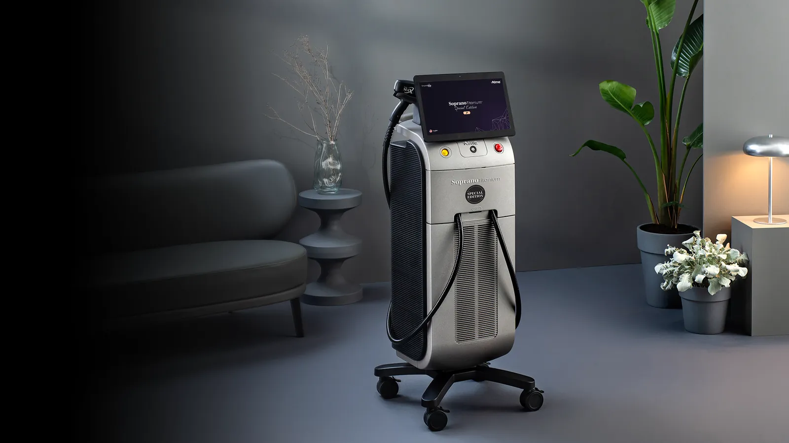 Soprano Titanium laser hair removal device in a softly lit treatment room